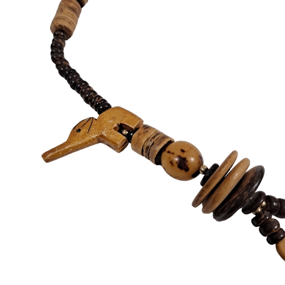 Hand Carved Wooden Tribal Necklace Beaded Elephant Giraffe Brown - Picture 11 of 14